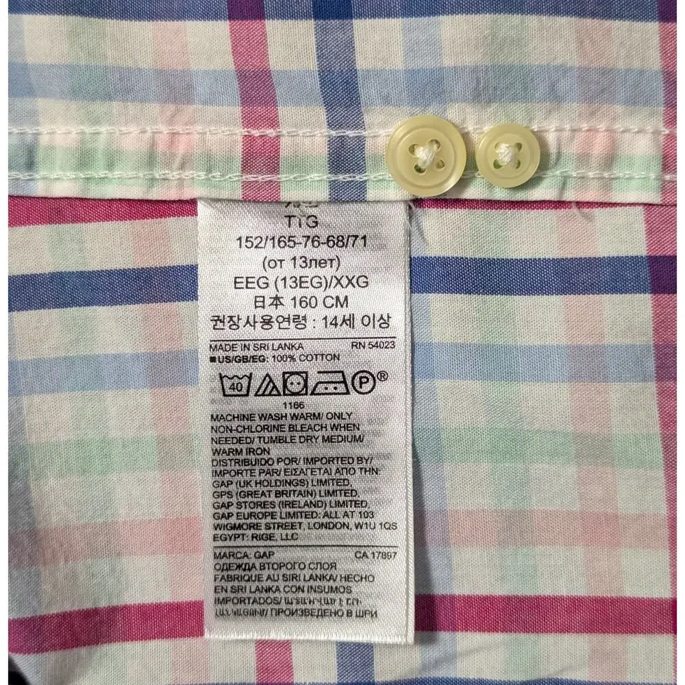 GAP Short Sleeve Button Front Shirt Boys XXL Plaid Poplin Classic Prep Coastal